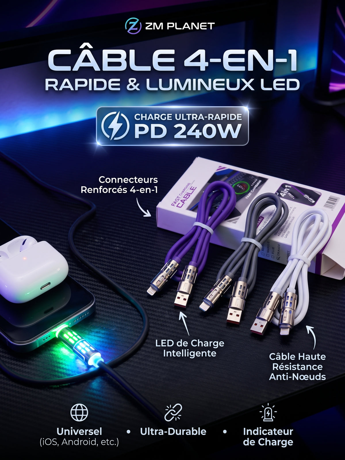 Câble Led 4-en-1 Recharge rapide -1 seul câble pour tous tes appareils